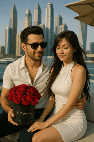 a man is holding a box of red roses and a woman is sitting next to him