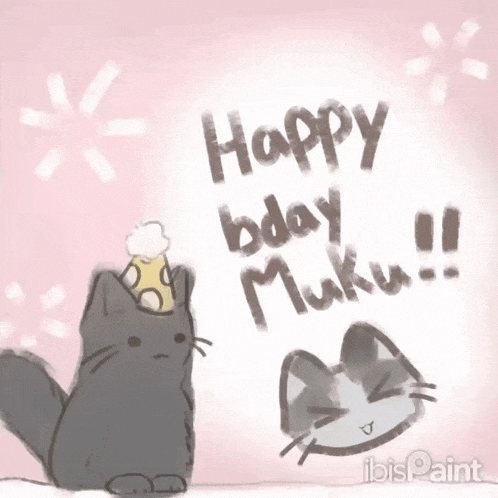a drawing of a cat wearing a party hat says happy bday miku !!