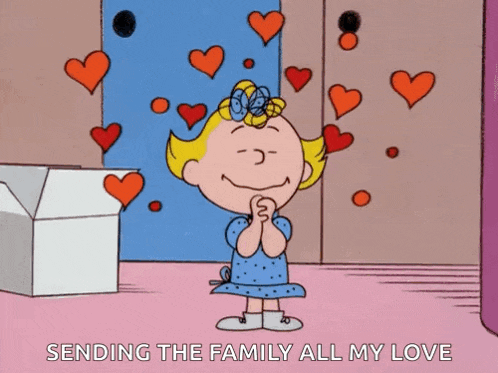 a cartoon of a girl surrounded by hearts with the words sending the family all my love