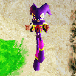 a pixel art of a purple jester standing on a sandy surface