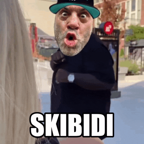 a man with a beard and a hat says skibidi on the street