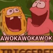 spongebob and patrick from spongebob squarepants are standing next to each other and laughing .