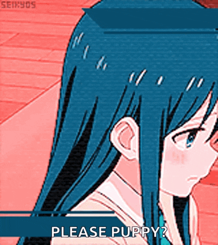 a picture of a girl with long blue hair and the words please puppy below her