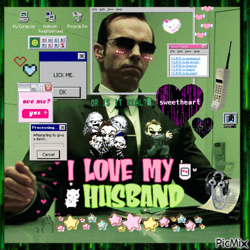 a computer screen with a man in a suit and sunglasses and the words i love my husband