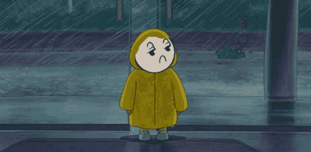 a cartoon character in a yellow raincoat is standing in the rain with an angry face