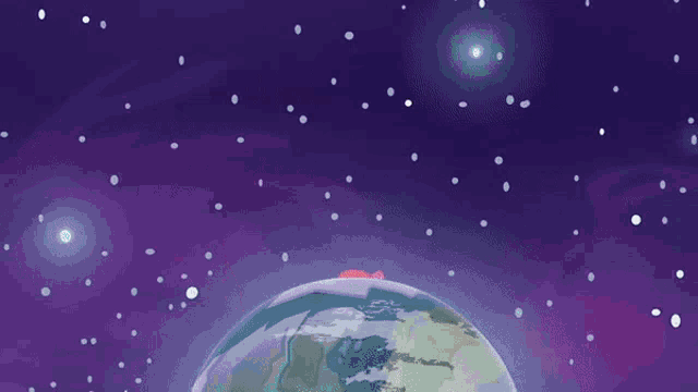 three ponies standing on top of a globe with a purple background