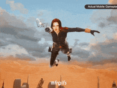 a woman in a black suit is jumping in the air while holding a sword and the words actual mobile gameplay are above her