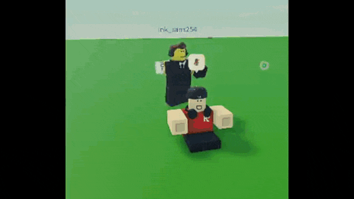 two roblox characters are standing on top of each other on a green field