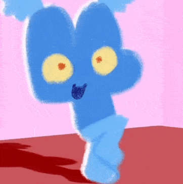 a blue cartoon character with big yellow eyes is standing on a red surface .
