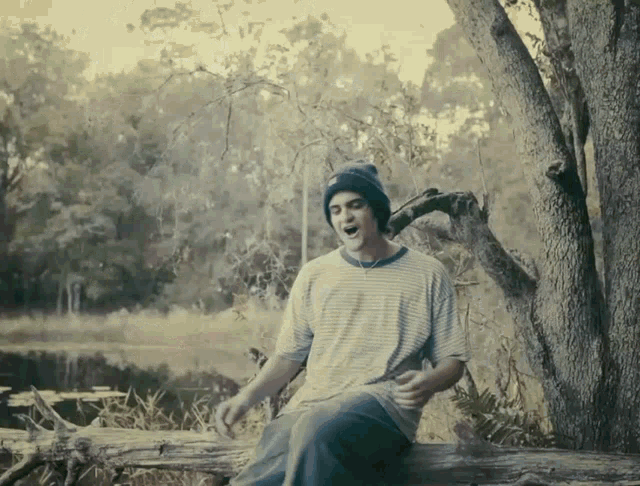 a young man wearing a beanie is sitting on a log
