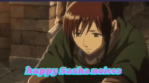 a cartoon of a girl holding a potato with the words happy sasha noises below her