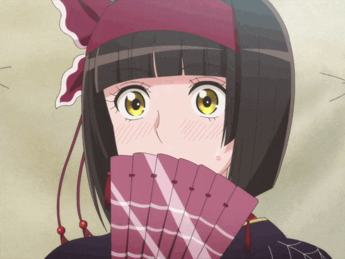 a girl with short hair and yellow eyes is holding a fan