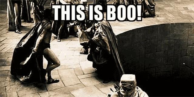 a black and white photo of a group of people with the words `` this is boo '' written on the bottom .