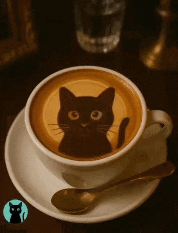 a cup of cappuccino with a black cat on the foam