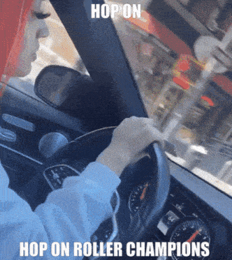 a woman with red hair is driving a car with the words hop on roller champions below her