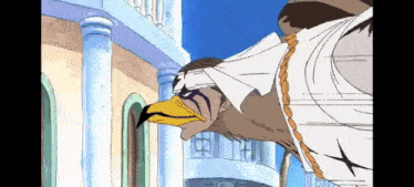 a bird with a yellow beak is flying in front of a building in a cartoon .