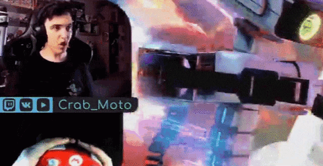 a man playing a video game with the name crab_moto on the bottom right