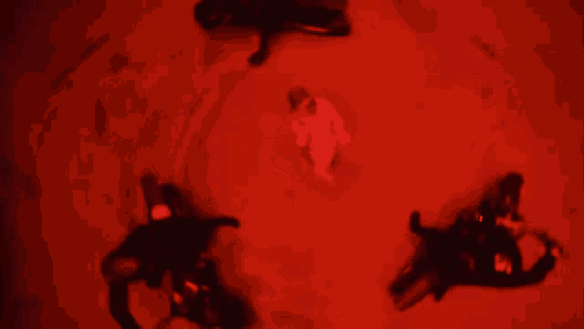 a group of people are standing in a circle in a dark room