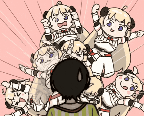 a cartoon of a man surrounded by a bunch of cartoon characters