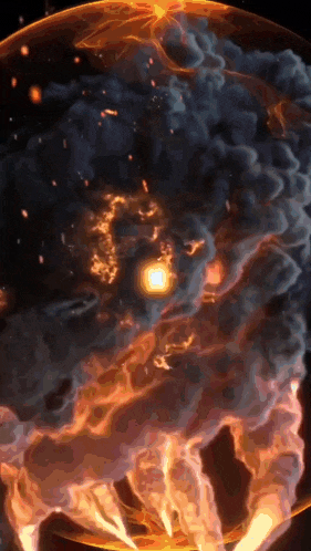 a sphere of fire is surrounded by smoke in the dark