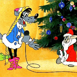 a cartoon of a wolf holding a microphone next to a christmas tree