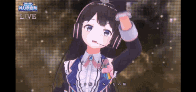 a cartoon girl wearing headphones is on a screen that says live 2020