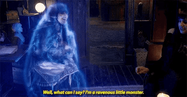 a ghost is coming out of a woman 's head and talking to a woman .