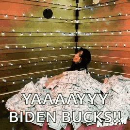 a woman is laying on top of a pile of money with the words `` yaaaayy biden bucks '' written on it .