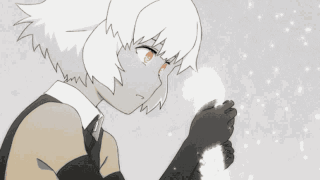 a cartoon character with white hair and orange eyes