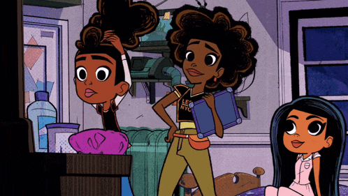 a cartoon drawing of three girls one of whom is wearing a shirt that says lee nyc