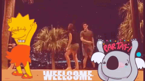 a cartoon of lisa simpson and bart simpson dancing in front of a welcome sign