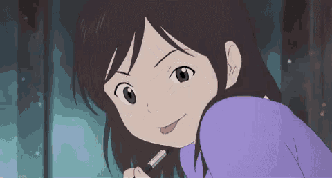 a cartoon girl is holding a pen and smiling .
