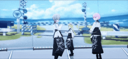 three anime girls are standing in front of a train crossing