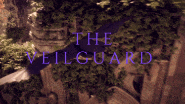 a bird is flying over a forest with the words the veilguard in purple letters