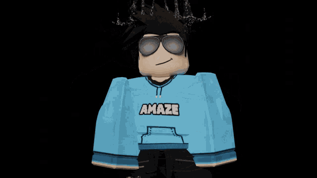 a cartoon character wearing sunglasses and a blue hoodie that says nk