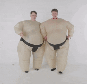 two men in inflatable sumo suits pose for a photo