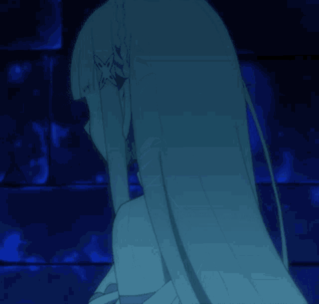 a girl with long white hair stands in a dark room