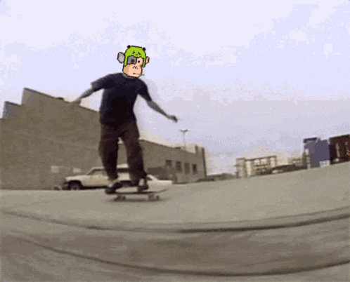 a skateboarder is doing a trick with a monkey on his head