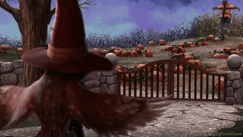 a scarecrow in a witch 's hat stands in front of a pumpkin patch