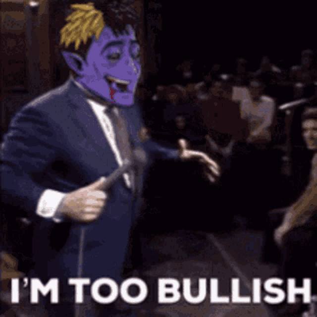 a man in a suit and tie is holding a microphone and says i 'm too bullish