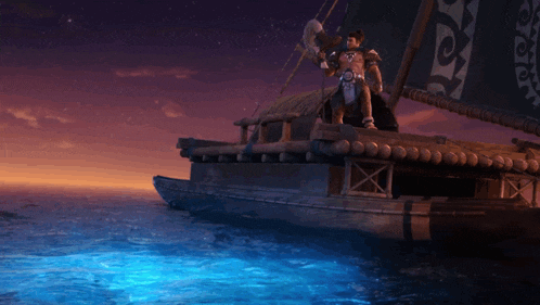 a man stands on top of a boat with a black sail that says ' ao ' on it