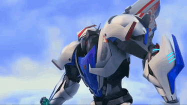 a robot with a blue and white body and a red stripe on the back