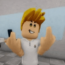 a roblox character is giving the middle finger in a video game .