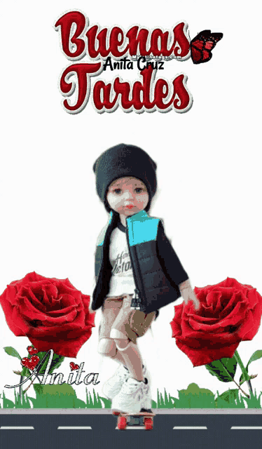 an animated picture of a boy on a skateboard with the words buenas tardes written above him