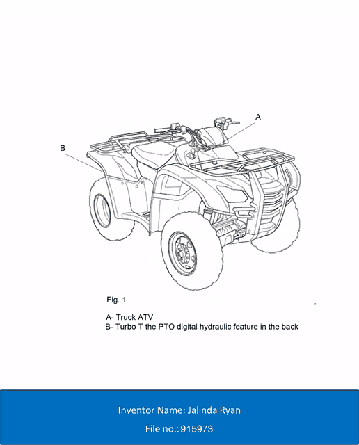 a black and white drawing of an atv with the inventor name jalinda ryan at the bottom