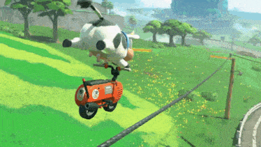 a cartoon character is riding a motorcycle on a road