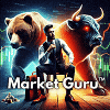 a man is sitting in front of a bull and a bear in a game called market guru .