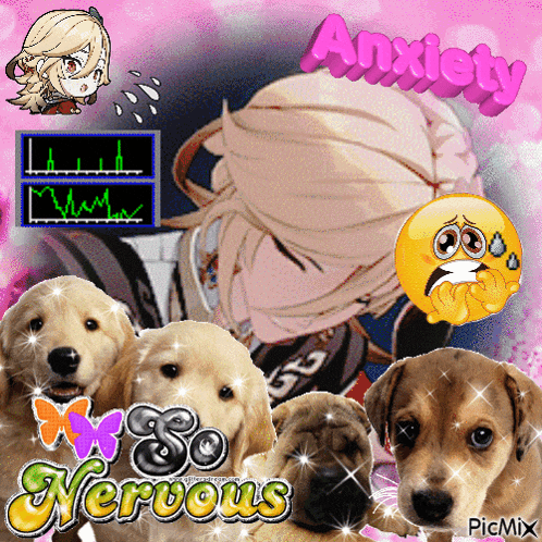 a picture of a girl surrounded by puppies that says anxiety on it
