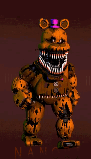 a nightmare freddy bear with a purple top hat and buttons