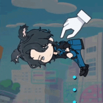 a cartoon character is hanging upside down with a blue check mark in front of him